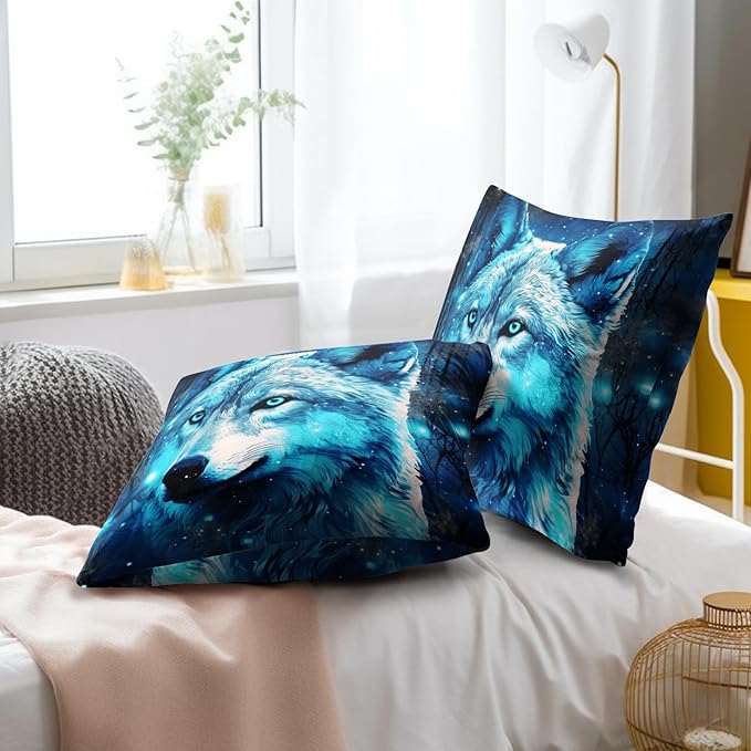 Abstract Galaxy Wolf Pillow Covers - Animal Pillow Cases 22x22 Wildlife Throw Pillows Covers Set of 2 Farmhouse Home Decor for Room Bed Outdoor
