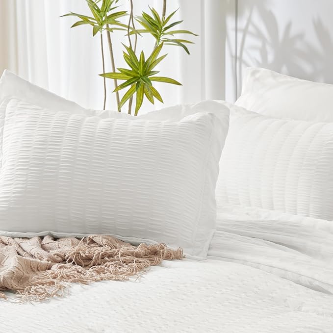 CozyLux Twin Comforter Set with Sheets 5 Pieces, White Seersucker Textured Bed in a Bag for Girls, Luxury Soft Bedding Set with Down Alternative Comforter, Sheets, Pillowcases & Shams for All Seasons