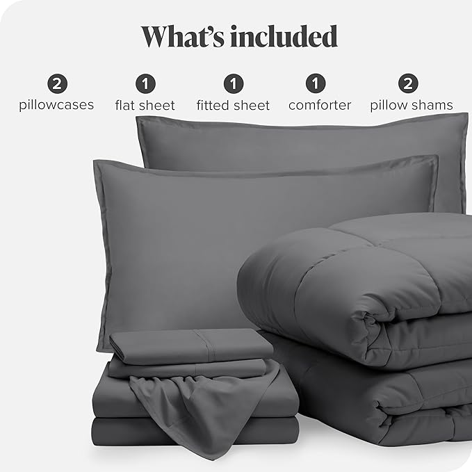 Bare Home Bed-in-A-Bag 7 Piece Comforter & Sheet Set - Split Head King - Down Alternative - Ultra-Soft 1800 Premium Bedding Set (Split Head Flex King, Grey/Grey)
