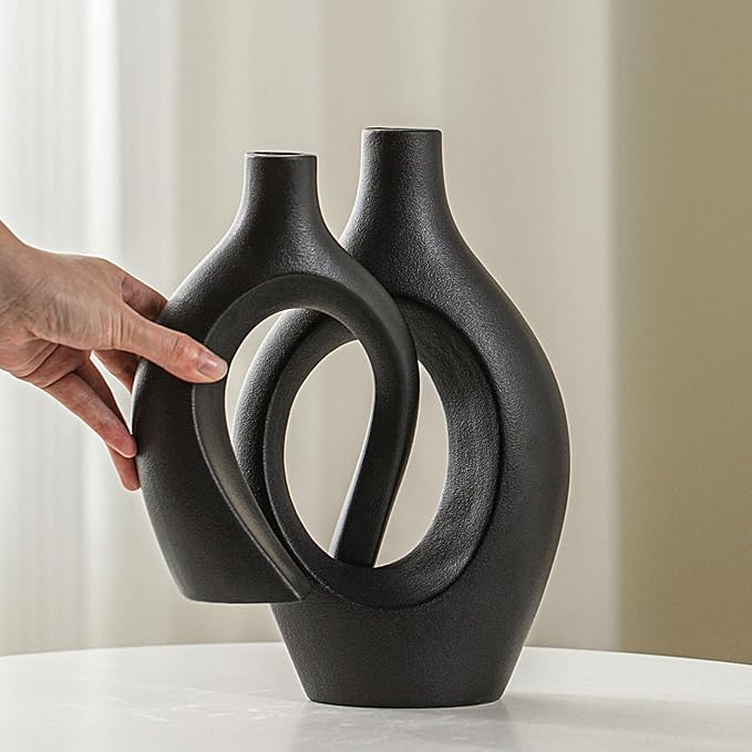 Levvohd XL Black Ceramic Vase Set of 2 for Modern Home Decor, Neutral Boho Round Donut Pampas Grass Vases, Nordic Aesthetic Vase, for Living Room Coffee Table Fire Place Book Style Shelf (H 11.1")