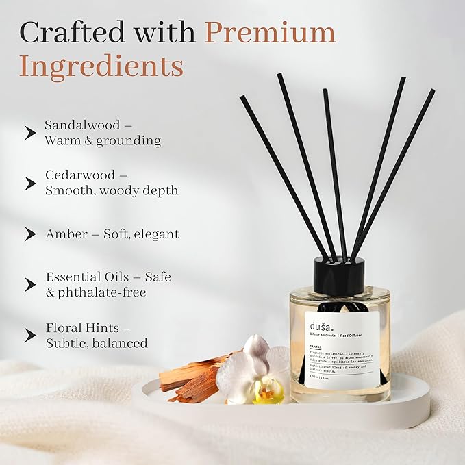 Duša Santal Reed Diffuser & Sticks - 5 Fl Oz Essential Home Fragrance Decor for Bathroom, Office & Living Spaces – Stylish & Long-Lasting Room Air Freshener -Ideal for Housewarming & Special Occasions