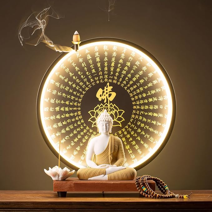 Shakyamuni Buddha Ceramic Statue Indoor Backflow Incense Burner with Led Ring Light Heart Meridian Painting，Meditation Decoration for Home and Office, Suitable for Cone and Stick Incense