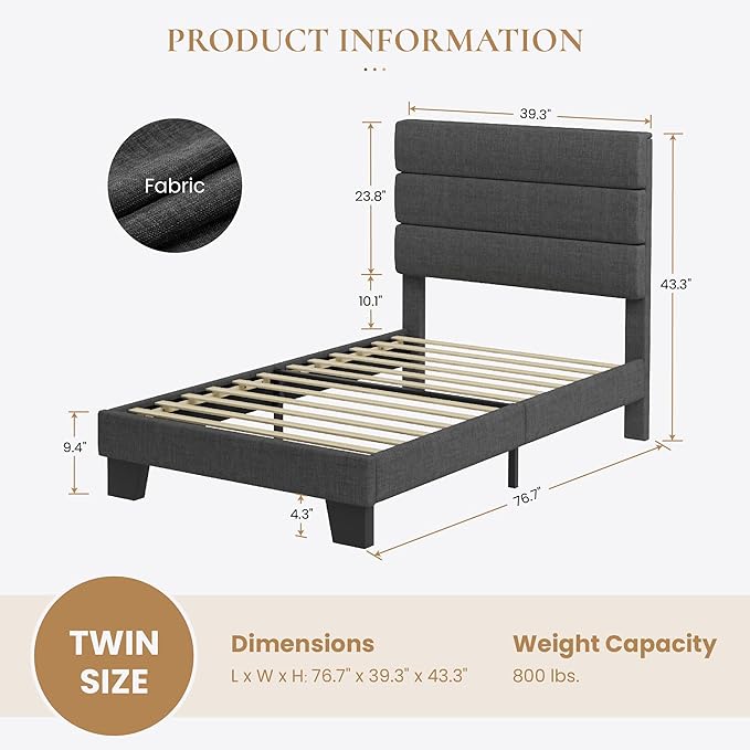 SHA CERLIN Twin Platform Bed Frame with Upholstered Fabric Headboard, Mattress Foundation with Strong Wooden Slats Support, No Box Spring Needed, Grey