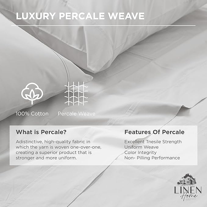 Linen Home 100% Cotton Percale Weave Fitted Sheet, Queen Size, Silver, 1 Deep Pocket Fitted Sheet, Fits Mattress Upto 16" Crisp and Cool Strong Bed Linen, 60"X80"+15"