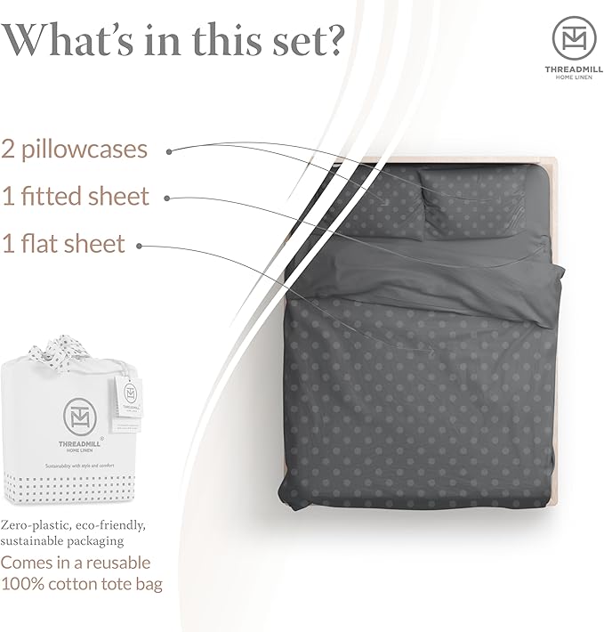 Threadmill Cotton Queen Sheet Set | 100% Cotton Sheets for Queen Size Bed | Damask Jacquard Queen Bed Sheets Set with 16” Deep Pocket | Soft Sateen Weave 4-Piece Cooling Bedding Set | Dark Grey
