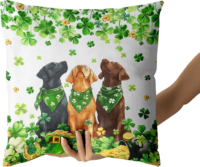 Giwawa Patrick Dogs Pillow Covers Set of 2 20x20inch Lucky Shamrocks Funny Puppy Decorative Square Pillow Cases Spring Clovers Leaf Cotton Throw Cushion Covers for Sofa Couch Patio Bedding