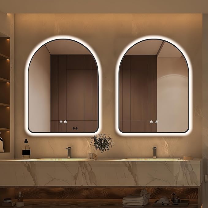 40"x30" Arched LED Bathroom Mirror, Wall Mounted Backlit Mirror with Lights Fog Free Lighted Framed Mirror Smart Anti-Fog 3 Color Temperatures Adjustable Brightness Black