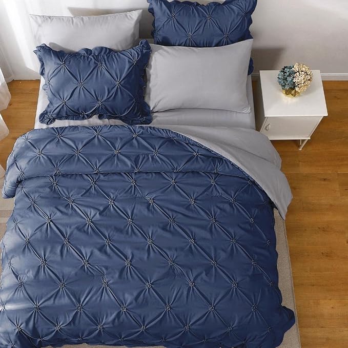 JOLLYVOGUE Navy Blue/Gray Twin Size Comforter Sets 5 Pieces, Pintuck Bed in a Bag Comforter Set for Bedroom, Bedding Comforter Sets with Comforter, Sheets,Ruffled Shams & Pillowcases