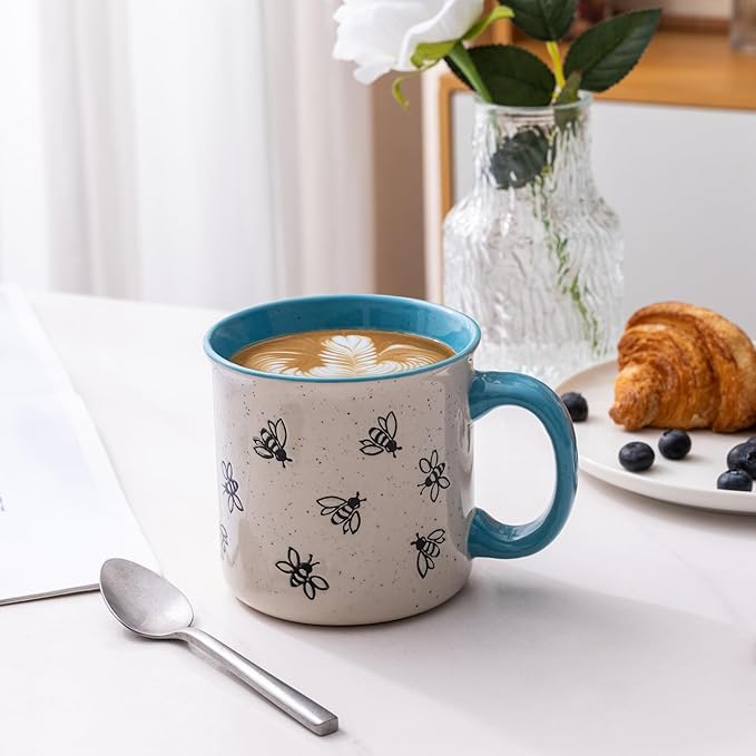 AmorArc 22 OZ Large Ceramic Coffee Mugs, Oversized Soup Cups With Big Handle for Men Women Dad Mom, Big Mug With Textured Bees Patterns for Office & Home -Microwave Safe, 2 Pcs-Blue