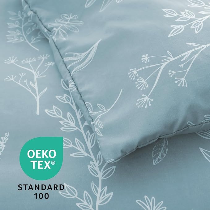 MUXHOMO Mineral Blue Bed in a Bag Queen 7 Pieces, Queen Comforter Set Reversible Botanical Flowers Design, Ultra Soft & Breathable Bedding Sets with Comforter, Sheets, Pillowcases & Shams