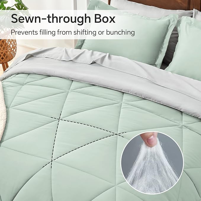 BEDELITE Twin Comforter Set 5 Pieces Bed in A Bag - Soft Microfiber Reversible Sage Green Bed Set with Comforters, Sheets, Pillowcase & Sham, Cozy Luxury Bedding Sets for All Season