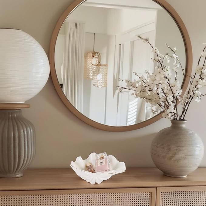 White Shell Decorative Bowl – 7.9" Resin Clam Shell with Gold Rim, Coastal Centerpiece for Bathroom Vanity, Entryway, or Living Room, Jewelry Holder, Key Tray, Fruit Bowl, Beach House Decor