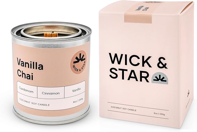 Wick & Star Vegan Non-Toxic, Wood Wick, Natural Coconut Soy Wax Aromatherapy Candle, Clean Burning (Vanilla Chai)