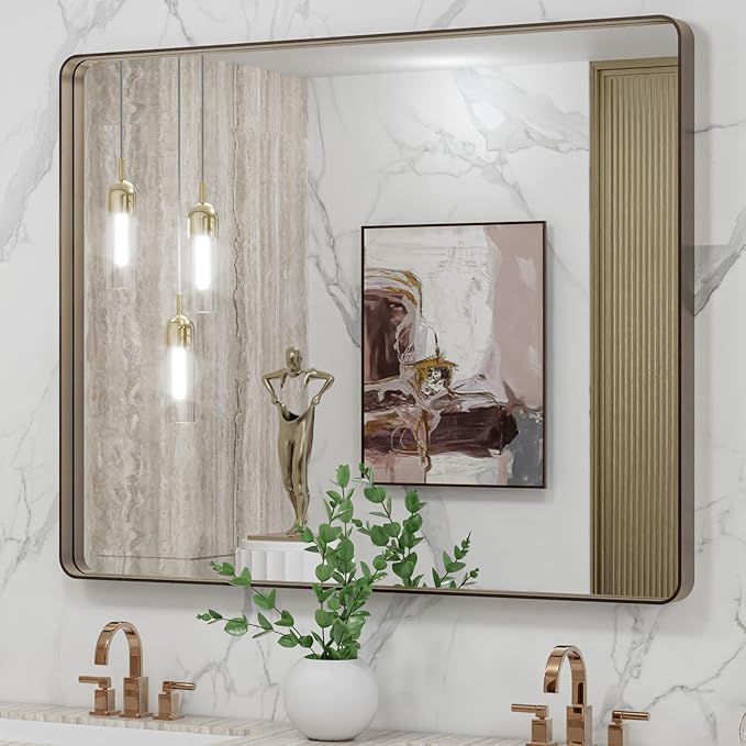 LOAAO 40”X32” Bronze Bathroom Mirrors for Vanity, Rounded Rectangle Brushed Bronze Metal Frame Mirror, Anti-Rust, Tempered Glass, Hangs Horizontally or Vertically