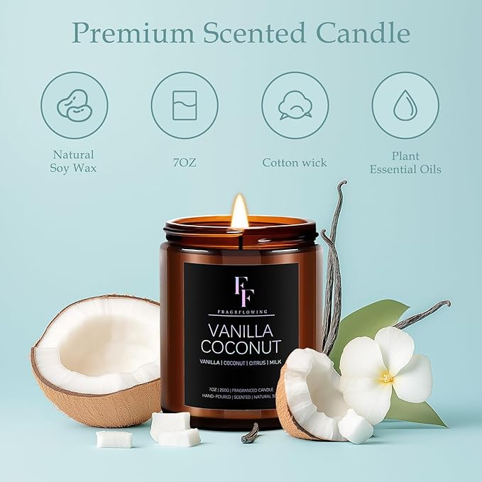 Vanilla Coconut Candle, Scented Candle for Home Soy Wax Candle, Aromatherapy Candle Gift for Women Men, 7oz