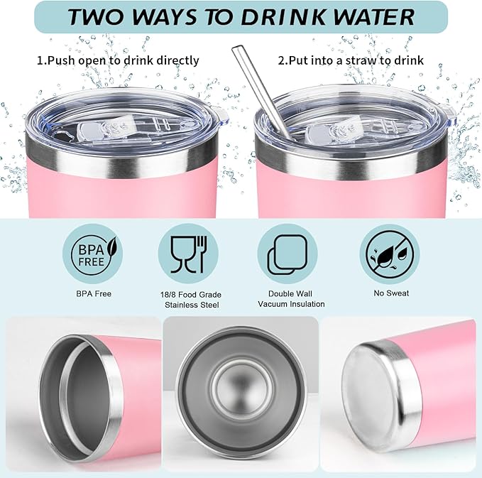 20oz Tumbler with Straw and Brush, Stainless Steel Vacuum Insulated tumbler, Double Wall Insulated Coffee Tumbler for Outdoor, Home, Travel,Office (Light pink,4pcs)