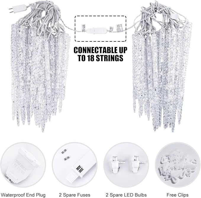 Minetom Icicle Lights Outdoor With Clips, 20ft 100 LED 20 Tubes Twinkling Crystal String Lights, Connectable Waterproof Hanging Christmas Lights Plug in for Eave Outdoor, Blue