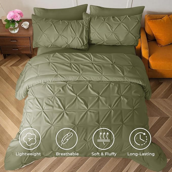 Sasttie Twin XL Comforter Set, 5-Piece Bed in a Bag, Pintuck Bedding Sets for All Season, Includes Comforter, Flat Sheet, Fitted Sheet, Pillowcase and Pillowsham, Olive Green
