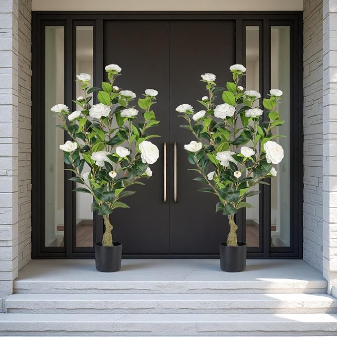 Artificial Camellia Tree 2 Pack, 3FT Faux Camellia Plant in Pot, 36 inch Fake Potted Camellia Flower Tree Plastic Camellia Tree for Modern Home Office Living Room Floor Decor Indoor, White
