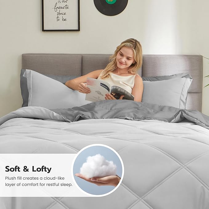 Joiedomi Queen Comforter Set with Sheets Light Grey, 7 Pieces Queen Bed Set with 1 Down Alternative Comforter, 1 Flat Sheet, 1 Fitted Sheet, 2 Pillowcases and 2 Pillow Shams, Bed in a Bag All Seasons