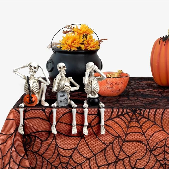 Halloween Skeleton Stalue Set of 3, Gothic Decoration of Skull with Pumpkinand Tombstone, See Speak Hear No Evil Statues Home Decor