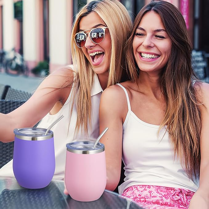 COMOOO Stainless Steel Wine Tumbler Glass Bulk with Lid and Straw 12oz Double Wall Vacuum Insulated Travel Tumbler Cup Stemless for Hot and Cold Drinks, Coffee, Wine, Cocktails, Pink, 8 Pack
