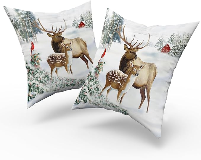 Giwawa Winter Deer Pillow Covers Set of 2, Farmhouse Elk Reindeer Wildlife Cotton Pillow Cases, 20"x20" Xmas Tree Snow Cottage Throw Cushion Covers for Sofa Couch Bedroom Indoor Outdoor Decor