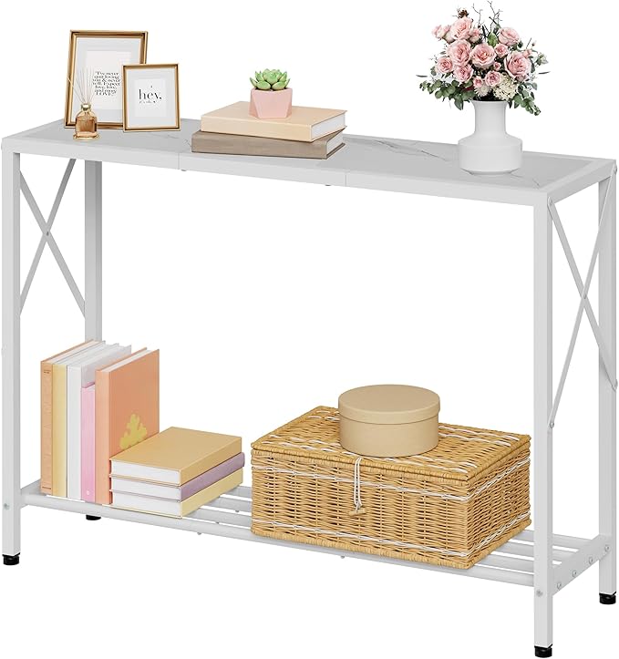 Tajsoon Console Table 41.8”, 2-Tier Entryway Table Narrow Sofa Table with Shelves, Entrance Table with Stable X-Frame, for Entryway, Hallway, Living Room, Foyer, Corridor, Office, White