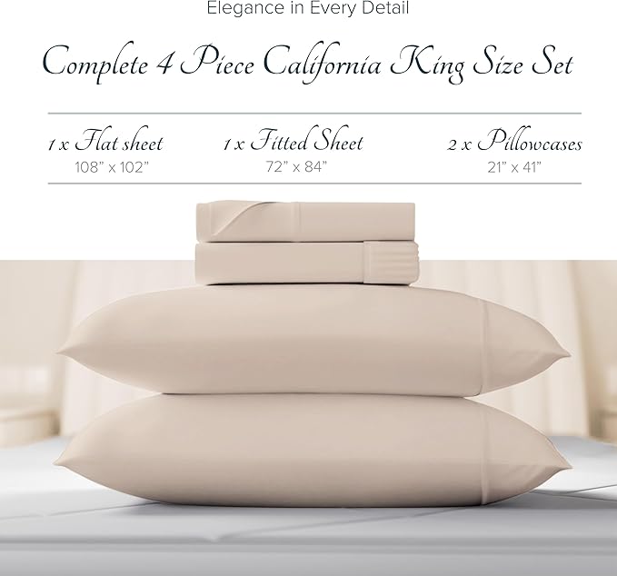 Carressa Linen 100% Egyptian Cotton Sheets California King Size - 1500 Thread Count 4 PC Cal King Sheet Egyptian Cotton, Cooling Sateen Sheets, High Thread Count Sheet California King - Taupe