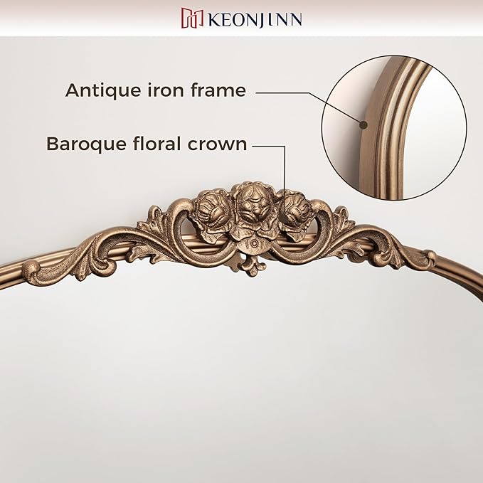 Keonjinn Vintage Mirror Gold 24" x 36", Arched Decorative Mirrors for Wall Decor, Antique Mirrors Bathroom, Ornate Baroque Brass Mirror for Mantle, Entryway, Living Room, French Cleat Mounting