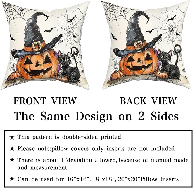 Giwawa Halloween Pillow Covers Set of 2- Rustic Spooky Pumpkin Black Cat Cotton Double Sided Throw Pillow Cases- Gothic Spider Web Bats Soft Cushion Cover 18"x18" for Sofa Porch Holiday Decor