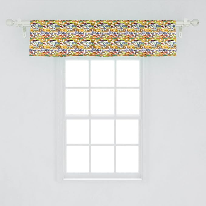 Lunarable Superhero Window Valance Pack of 2, Retro Comic Book Expressions Humor Cartoon Scream Crash Pow Vintage Design, Rod Pocket Curtain Valances for Kitchen Bedroom, 54" X 12", Red Yellow