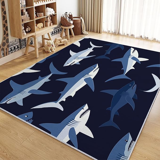 Area Rugs for Living Room 6x9 ft Cartoon Shark Dark Blue Non Slip Area Rug, Ultra Soft Low-Pile Floor Carpet, Durable Washable Rug for Bedroom, Dining Room, Home Office