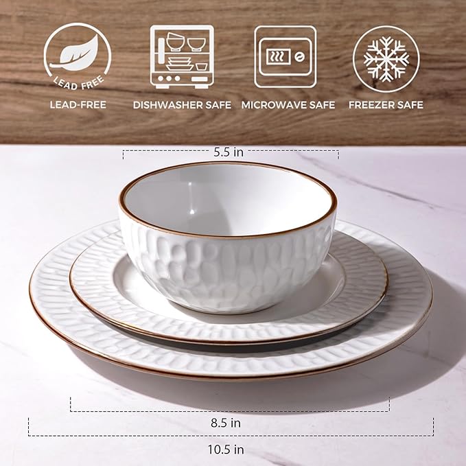 GBHOME Ceramic Dinnerware Sets, 24 pcs Embossed Elegant Stoneware Plates and Bowls Sets, Housewarming Wedding Gift | Dishwasher & Microwave Safe | Dishes Set Service for 8