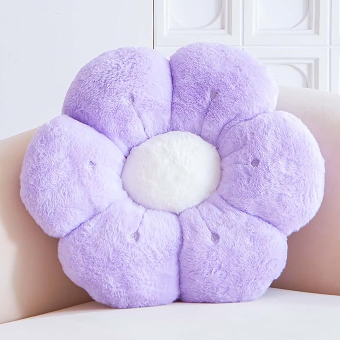 Flower Pillow, Cute Flower Shaped Decorative Pillow, Soft Rabbit Fur Daisy Pillow Home Decor Floor Seating Cushion for Bedroom Living Room (Light Purple 14.9 Inch)