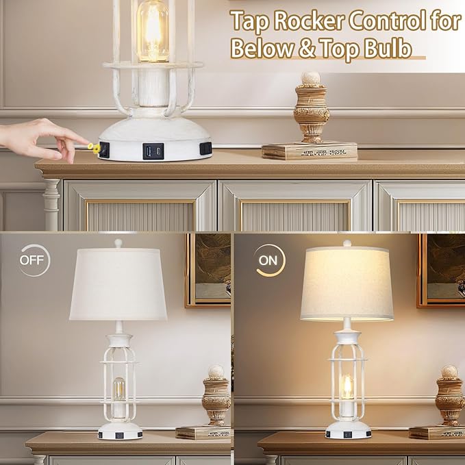 28" Vintage Table Lamps with USB C+A Ports & Outlet, Industrial Farmhouse Table Lamp for Living Room, Rustic Mid Century Modern Bedside Lamps with Nightlight & Beige Fabric Lampshade, Oil-Rubbed White