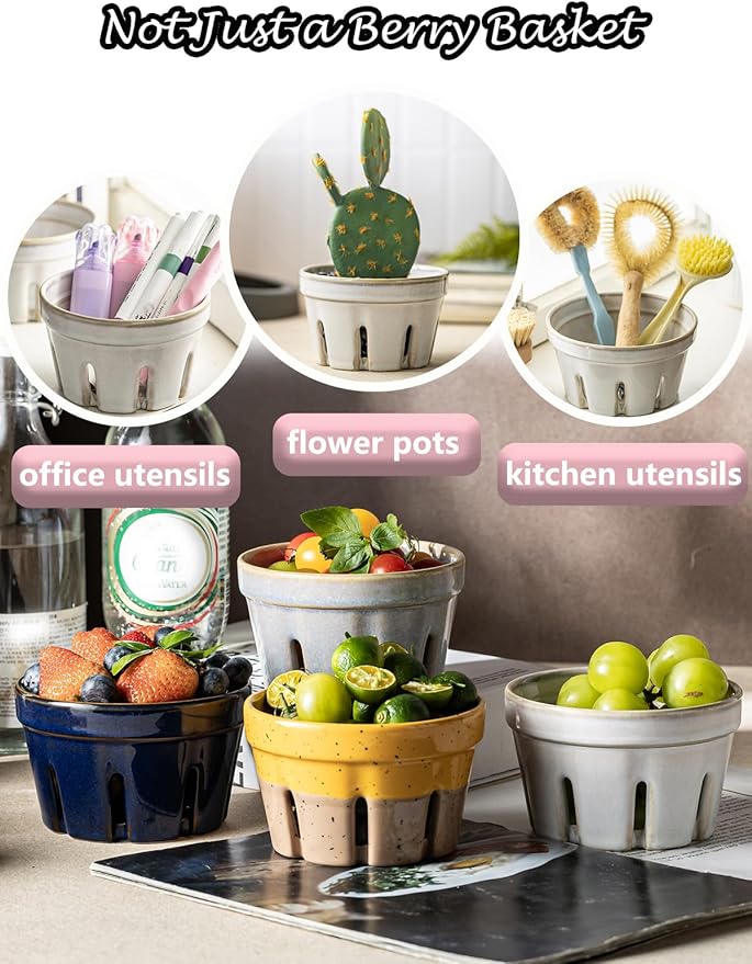 Gomakren Ceramic Fruit Basket Set of 2, Round Fruit Bowl with Holes, Small Berry Basket Containers for Kitchen Counter, Berries, Strawberry, Grape, Cherry, White