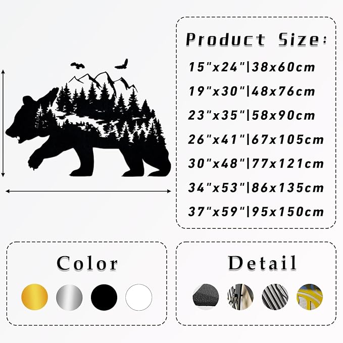 Metal Bear Wall Decor, Mountain And Forest Metal Wall Art, Nature Landscape Decor, Bear Wall Art, Metal Mountain Range, Scandinavian Decor, Large Metal Art Wall Decor, Housewarming Gift (26"x41"|67x105cm, Silver)