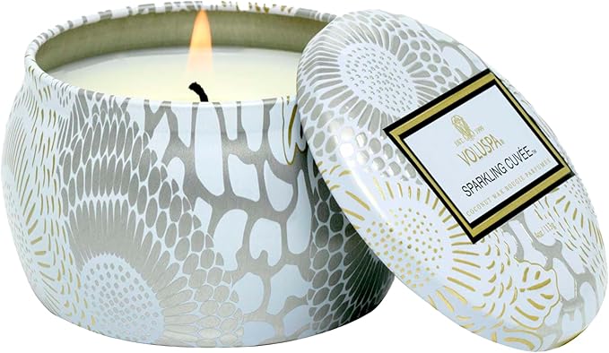 Voluspa Sparkling Cuvee, Mini Tin Candle, 4 oz, 25 Hour Burn Time, Coconut Wax for Clean Burning, Handcrafted in the USA