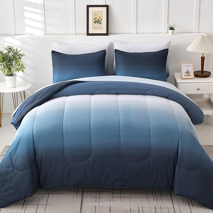 Anibedding Gradient Blue Twin Comforter Set - 6 Pieces Ombre Navy Blue White Microfiber Bed in a Bag - All Season Down Alternative Light Ocean Sea Blue Abstract Bedding Set for Teen Boys Girls Women