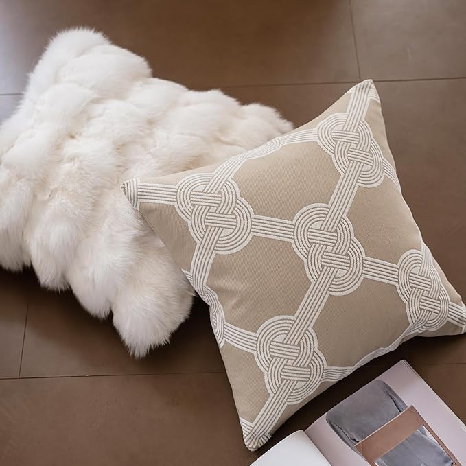 Premium Throw Pillow Covers 20x20 Inches - Oatmeal Gordian Knot Accent Chenille Jacquard Embroidery Decorative Couch Pillow Covers for Living Room Bedroom Sofa Home Décor