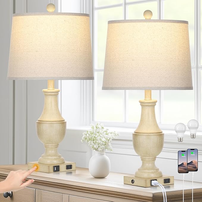 Farmhouse Lamps Set of 2, Vintage Rustic 3-Way Dimmable Touch Control Table Lamp with USB A+C Charging Ports & AC Outlet, Retro Resin Bedside Lamp Linen Shade for Bedroom Office Antique White