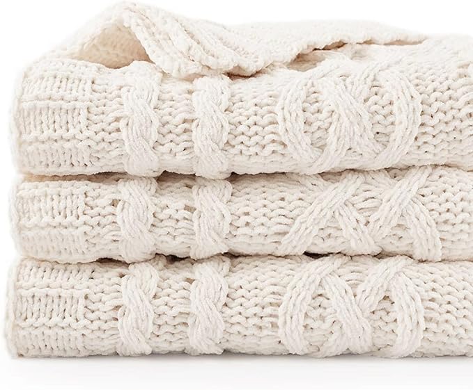 Battilo Cream White Ivory Throw Blanket for Couch, 51x 67 Inch, Woven Chenille Knit Throw Blanket for Chair, Super Soft Warm Decorative Textured Throw Blanket for Bed, Sofa and Living Room.