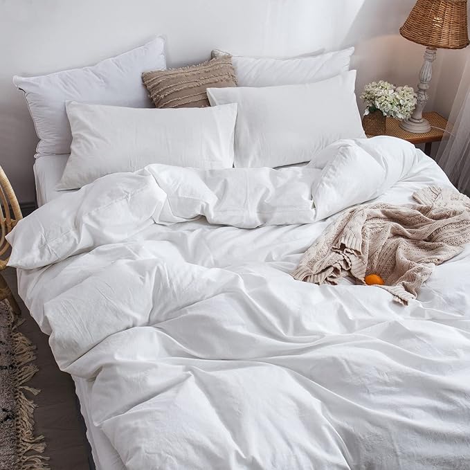 MooMee Bedding Duvet Cover Set 100% Washed Cotton Linen Like Textured Breathable Durable Soft Comfy (Solid Off White, Cal King 104"x98")