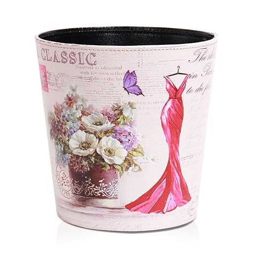 PU Leather Small Trash Can Wastebasket, Round Garbage Container Basket for Bathrooms, Laundry Room, Kitchens, Offices, Kids Rooms, Bedrooms,Dorms,Home Decorative Art Bin, 2.9 Gallon(Red Dress)
