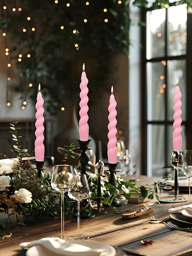 Pink Spiral Taper Dinner Candles Conical Stick Candles Wax Unscented Dinner Candle Dripless for Home Decor, Relaxation Set of 4（7.6" Baby Pink）