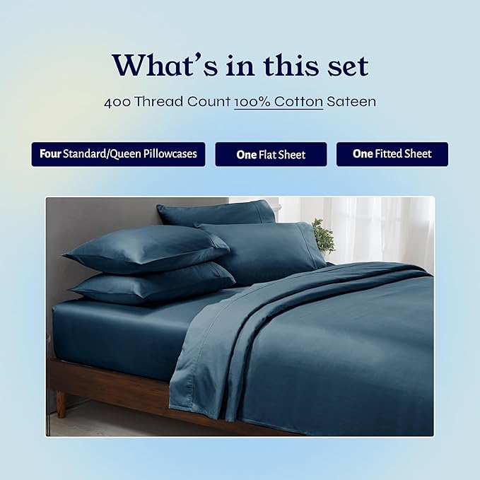 California Design Den 6-Pc Queen Size Sheet Set with 4 Pillowcases - 400 Thread Count 100% Cotton Sheets, Cooling Sateen Weave, Luxury Deep Pocket Bedsheets Set - Peacock Blue
