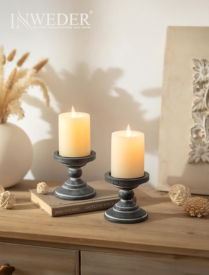 Wood Pillar Candle Holder: 2Pcs Rustic Black Candle Holders for Pillar Candles Wood Candle Holders Distressed Wooden Farmhouse Candle Holder Large Rustic Candle Holder for Fireplace Table