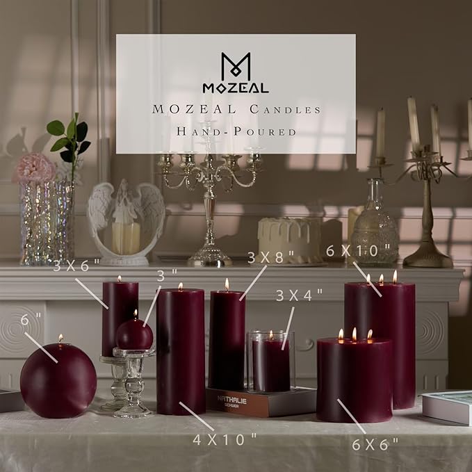 MOZEAL Hand-Poured, 3 Inch Burgundy Round Ball Candles - Elegant Burgundy Round Pillar Candles Set of 3, Dripless, Unscented, Smokeless, Ideal for Intimate Gatherings.