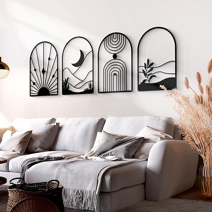 Glamativity 4 Pack Black Abstract Metal Wall Art, Minimalist Décor Single Line Art Wall Décor, 3D Textured Metal Wall Sculptures, for Living Room Bedroom Bathroom Study Room (Black Boho, M Size 17 x 12'')